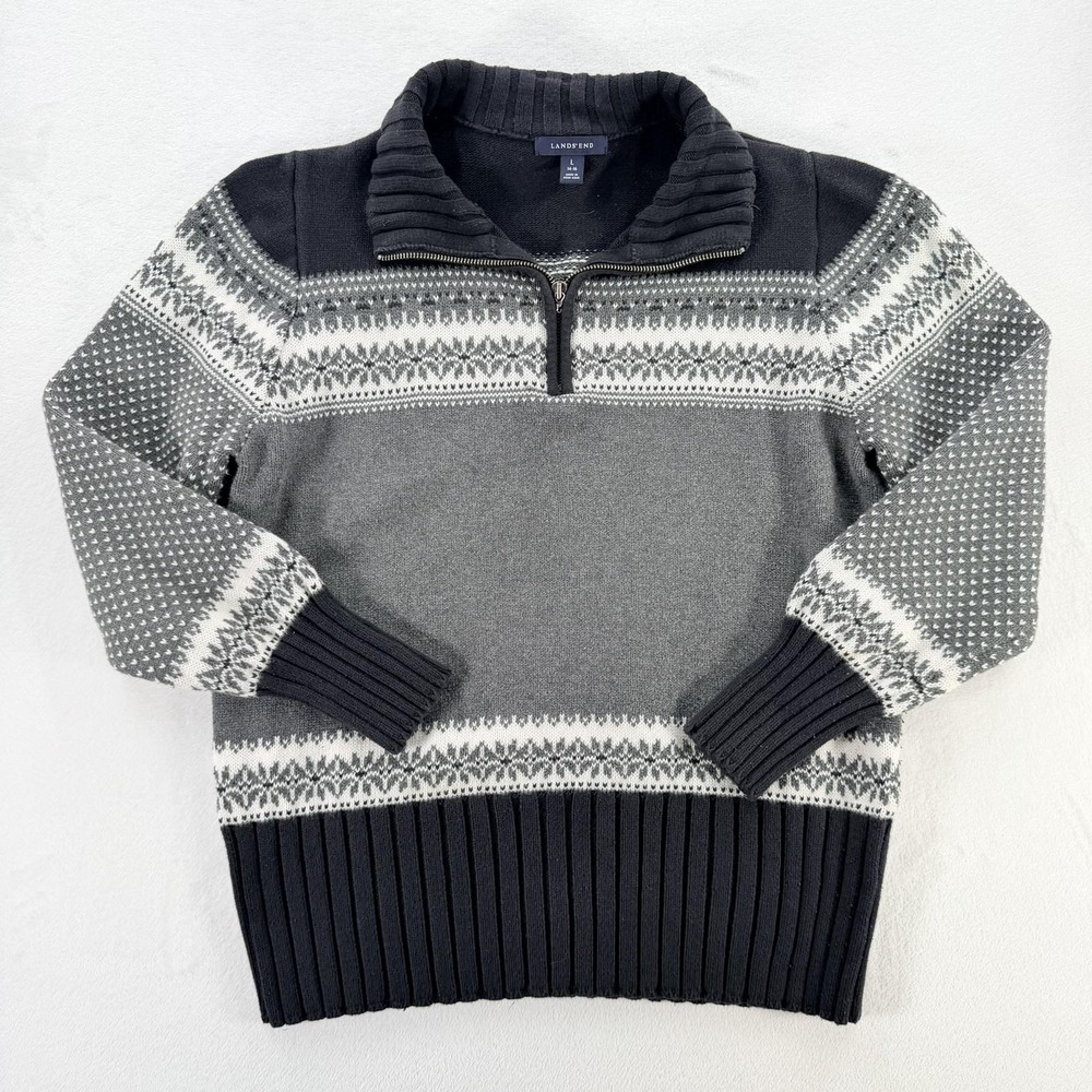 Lands' End Sweater Womens Large Gray Fair Isle 1/4 Zip Mock Neck Knit Pullover